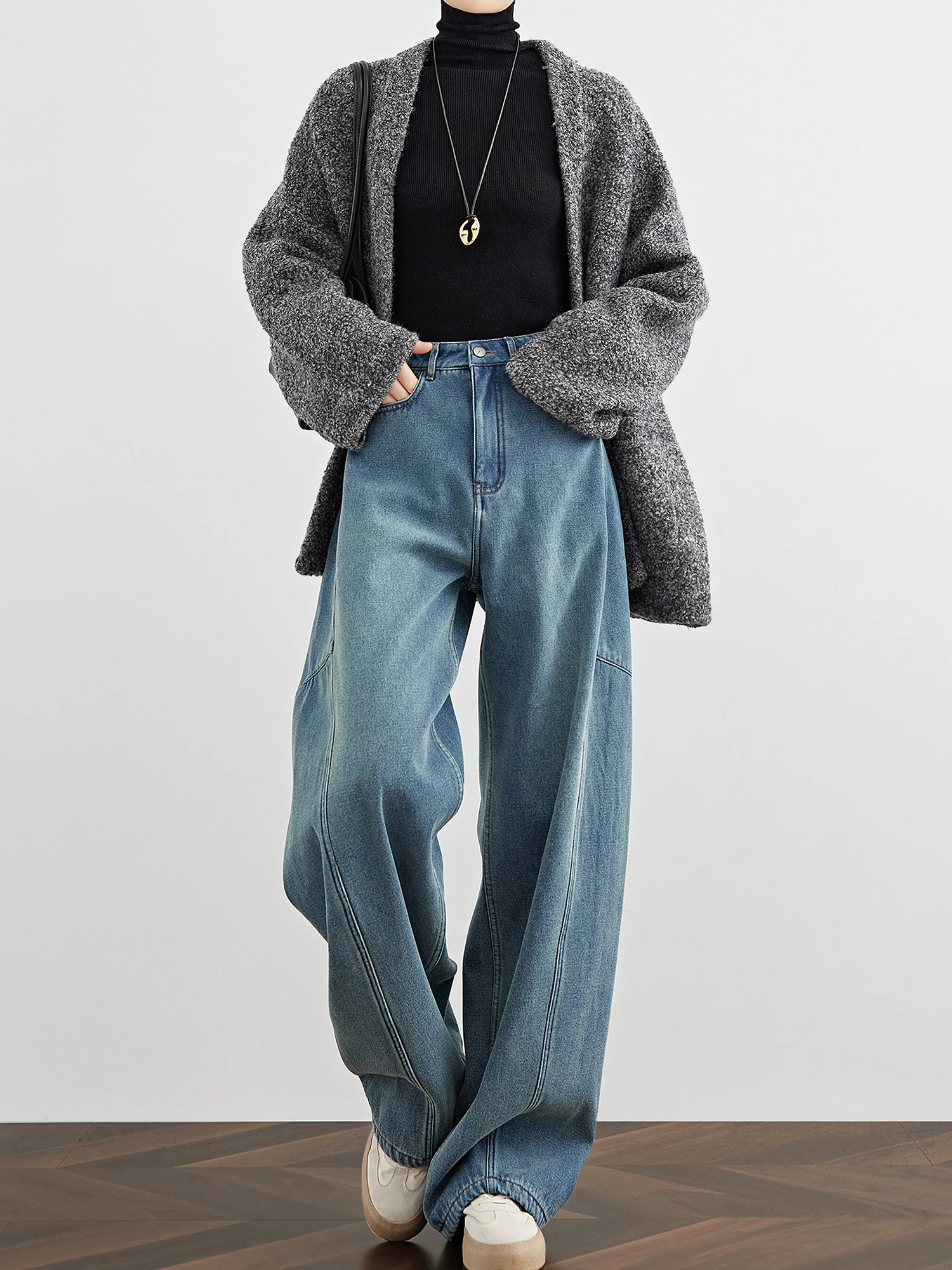 

Thiened Fce, широкие джинсы с высокой талией, женские зимние винтажные джинсы с косой, повседневные брюки с удлиненными лезвиями, смесь хлопка