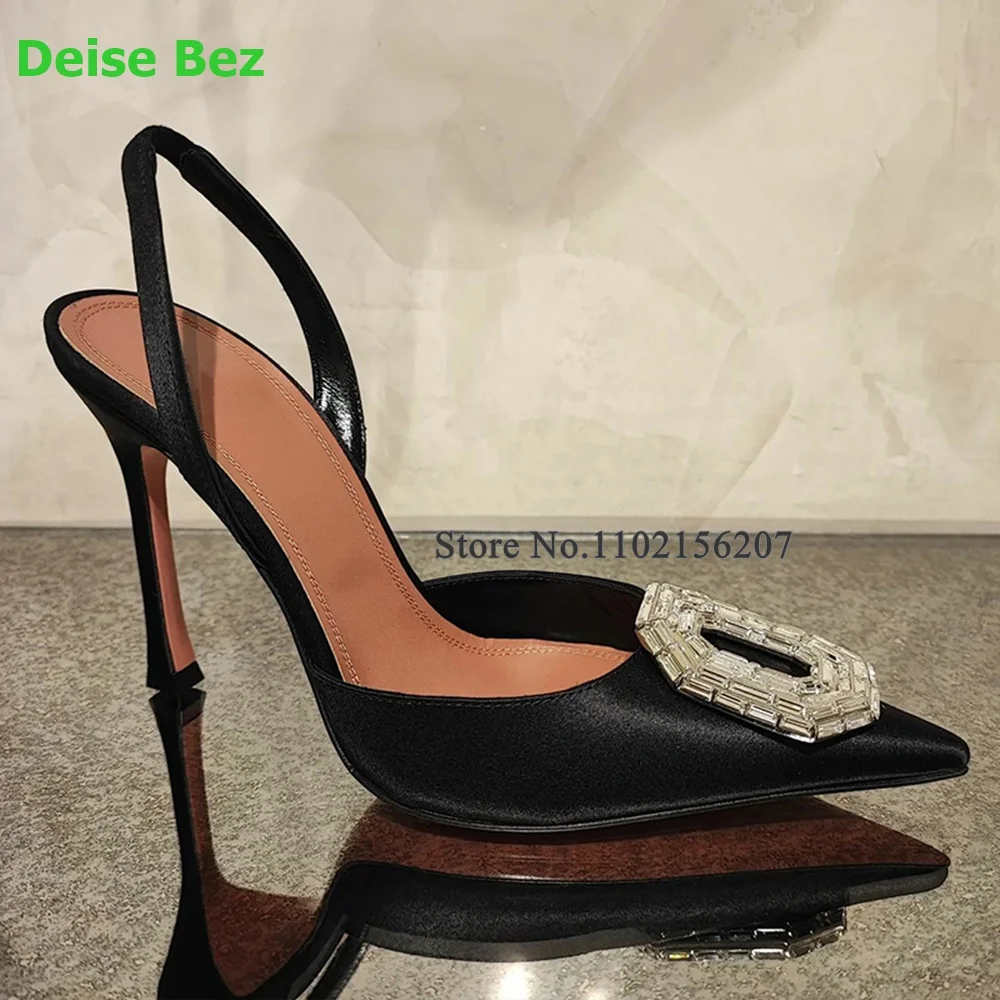 Oval Crystal Pointed Toe Slingback Pumps For Female Women 2024 Back Strap Sexy Solid Shallow Luxury Fashion Elegant Party Shoes