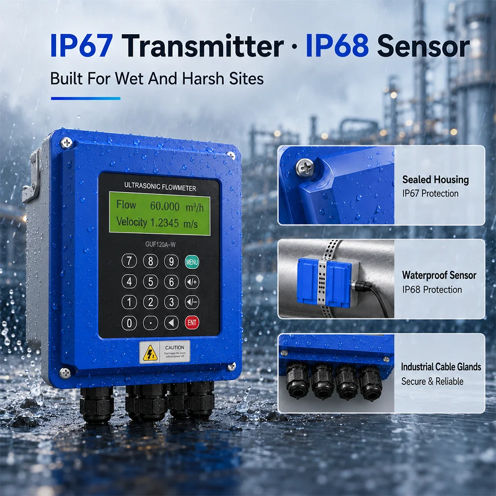 GUF120A-W Fixed Inline Ultrasonic Flow Meter Stainless Steel Pipe Clamp Water Flow Sensor with LCD Display