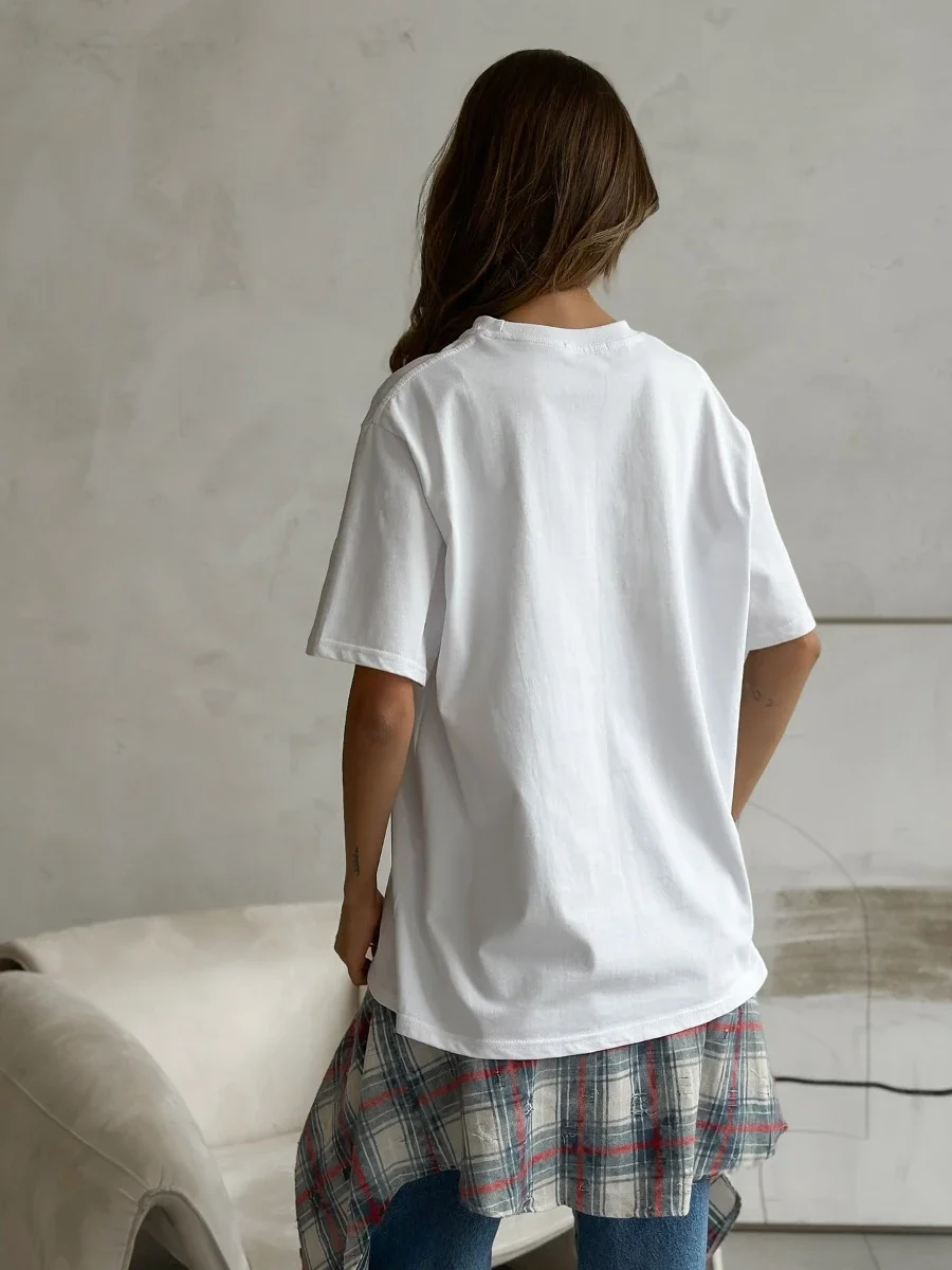 Sumuyoo 여성의 세련된 프린트 티셔츠 캐주얼 빈티지 반소매 프린트 T 셔츠 패션 힙합 루즈 탑