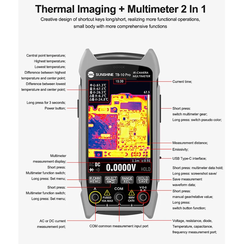 SUNSHINE TB-10 Pro Infrared Thermal Imaging Multimeter HD Resolution Positioning for PCB Motherboard Testing Intelligent Repair