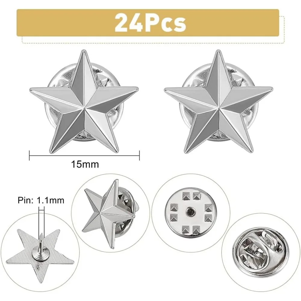 24Pcs Platinum Star Badge Lapel Pin Pentagram Alloy Brooch Pin Veterans Day Star Pin Military Award Pins Labor Day 4th of July