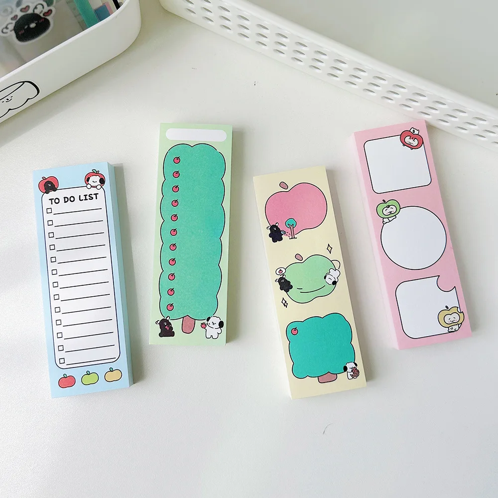 100 Pcs/Pack Cute Cartoon Apple Pattern Long Strip Memo Pad Notebook School Office Stationery Learning Notes Take Notes