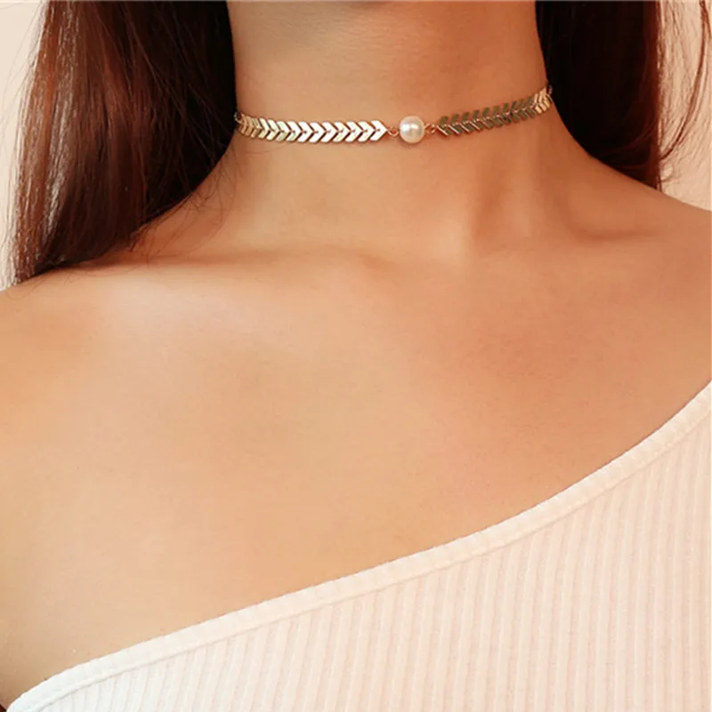 New Snake Chain Choker Letter Shape Chain Imitation Pearl Short Necklaces Fish Bone Airplane Shape Gold Color Necklace Jewelry