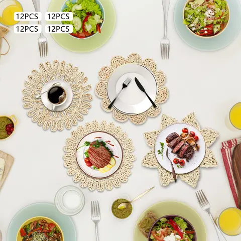 12 पैक गोल बुने हुए प्लेसमैट्स हीट रेसिस्टेंट टेबल मैट प्राकृतिक मकई भूसी डाइनिंग टेबलवेयर होम रेस्टोरेंट के लिए प्लेस सेटिंग्स 6 best sales खाने की मेज के लिए मैट - №5