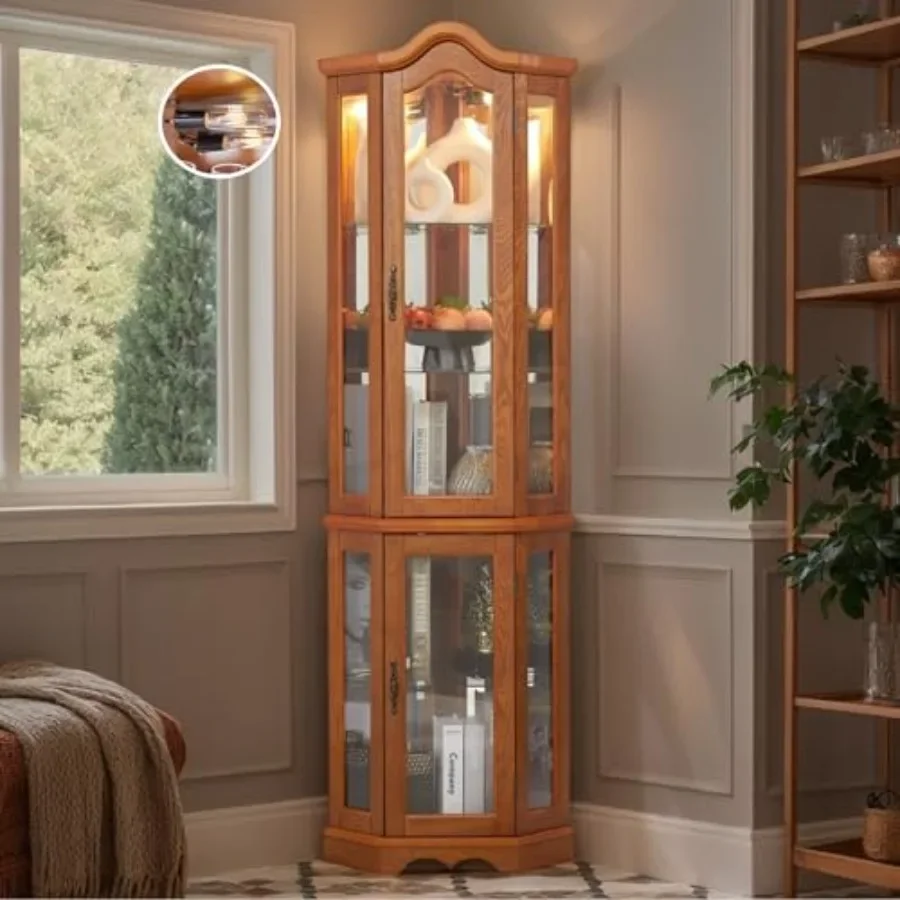 Corner curio cabinet for bar and liquor storage, lighted glass display case in light wood finish with 5 adjustable tempered gla