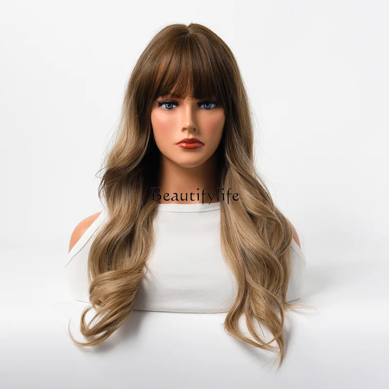 

Long curly hair European and American fashion blonde brown wig realistic full hood