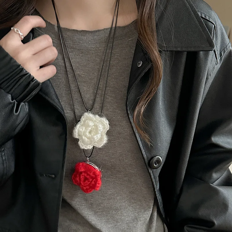 Autumn and Winter Vintage Knitted Flower Leather Rope Necklace Long Trendy Sweater Chain Accessory