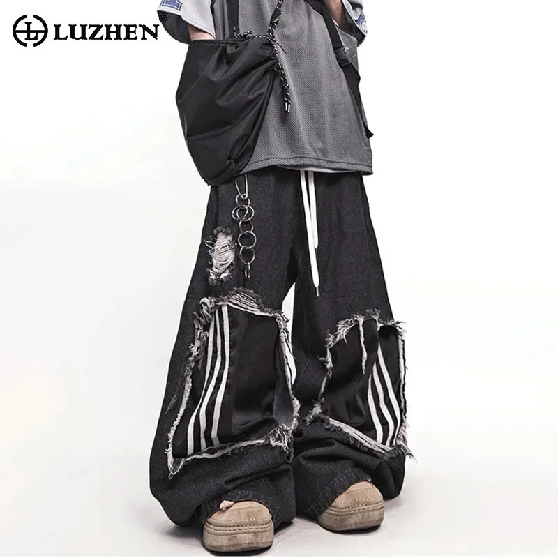 

LUZHEN 2025 Fashion Stripe Printed Wornout Burr Design Baggy Wide Leg Casual Jeans Men's Original Streetwear Denim Pants JY4214