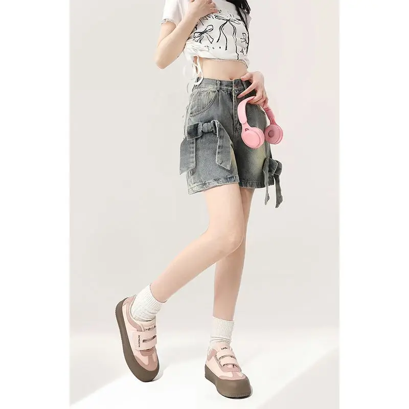 Distressed Bow Denim Shorts Women's High Street A-line Wide-leg Loose Straight Casual Hot Pants