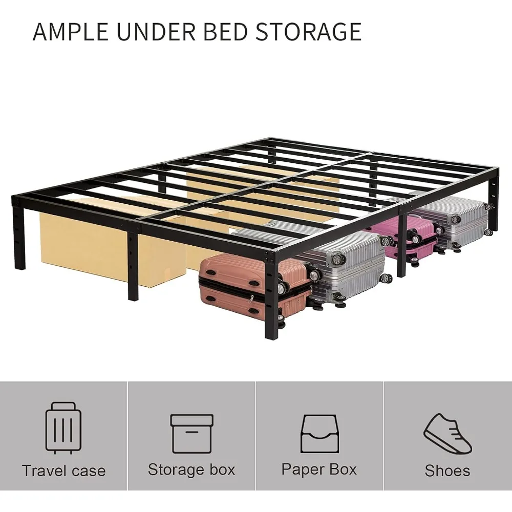 Estrutura de cama com suporte de slats de aço, plataforma de metal resistente, resistente e sem ruído, camas altas, armazenamento amplo, 3500 libras