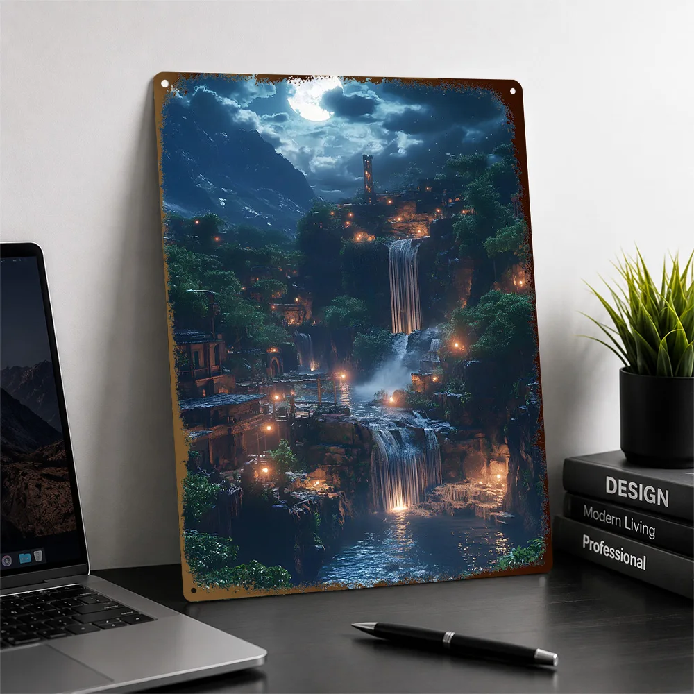Fantasy Waterfall Village Aluminum Poster Personalized Metal Sign Atmospheric Character Style Wall Art Appeals To Story Lovers