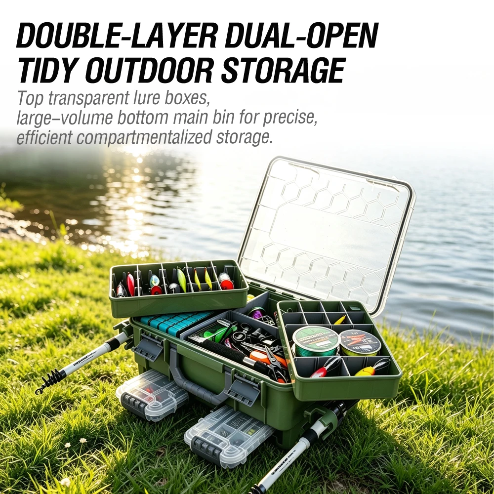 Multi-Functional Fishing Tackle Box ABS PP Lure Box with with Hidden Accessory Trays and Dual Rod Holders Storage Organizer