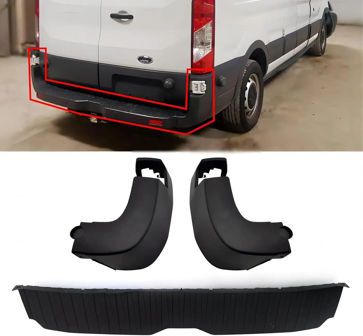 For 2015-2022 Van Rear Bumper Cover Kit, Plastic, Without Reflector & Side End Cap, Compatible with Left & Right