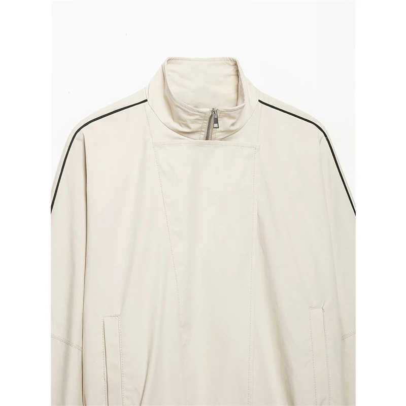 Guobioziy 2026 Autumn Women Stand Collar Cropped Jacket Diagonal Placket Side Strip Loose Elastic Cuff Casual Outerwear