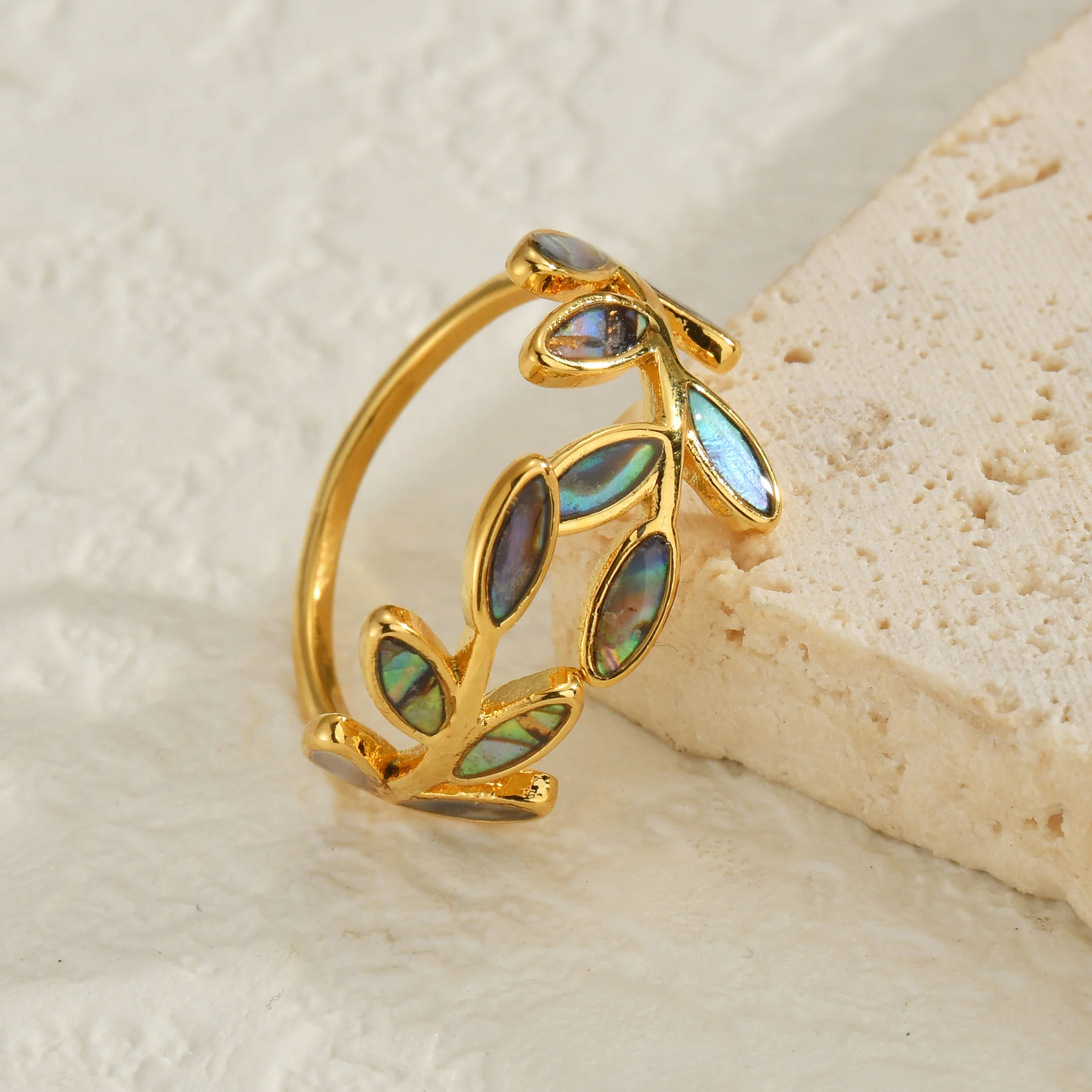 Kissmoon Fashion Natural Abalone Shell Ring for Women Stainless Steel Minimalist Leaf Open Ring Jewelry Trend Unique Design Gift