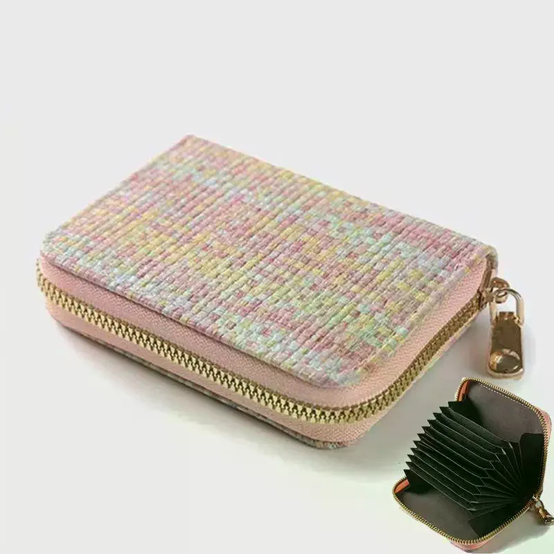 Pastel Tweed Plaid Zipper Card Holder With Multiple Card Slots Gold Zipper Perfect For Daily Commute Shopping Short Trips