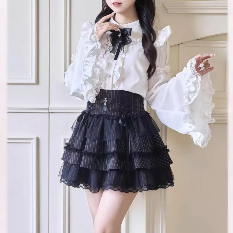 딥타운 로리타 일본 스타일 블라우스 여성 레이스 패치워크 하라주쿠 러플 셔츠 Y2K 스위트 화이트 긴팔 블라우스 에스테틱