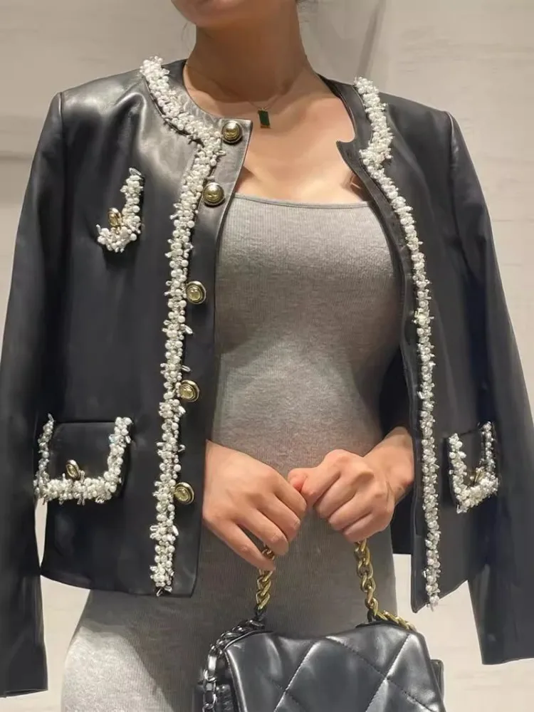 Office Lady Elegant Genuine Leather Jacket Bead Shiny O-Neck Single Breasted Real Sheepskin Long Sleeve Coat Classy Outerwear