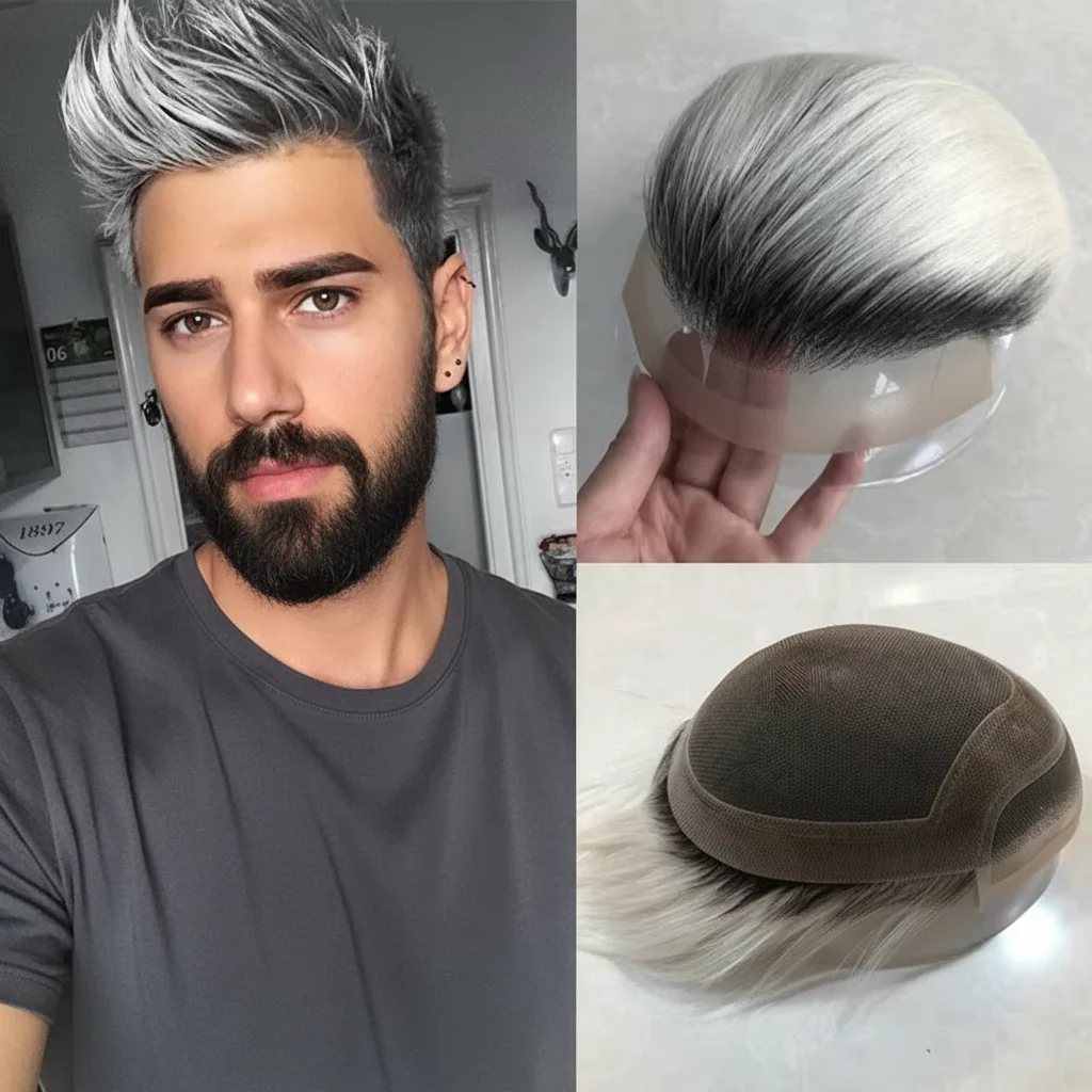 

100% Human Hair Mono Base Lace With PU Toupee Senior Men Hair System Gray Options 1B20 1B60 1B80 Wig Straight