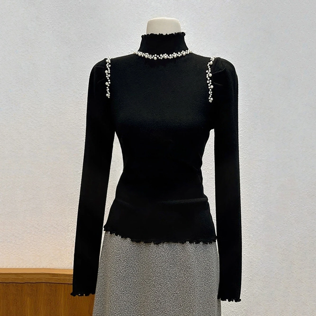 

Трикотаж из бисера, женский осенне-зимний новый корейский стиль, облегающий пуловер с высоким воротом и длинными рукавами, верхняя рубашка