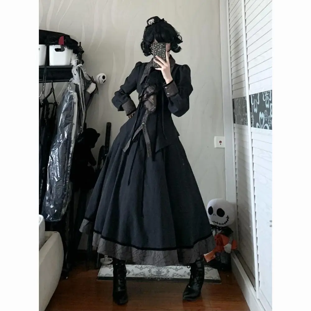MAGOGO Japanese Retro Dark Gothic Style Leg of Lamb Sleeve Shirt Top + High Waist Long Skirt Lolita Suit