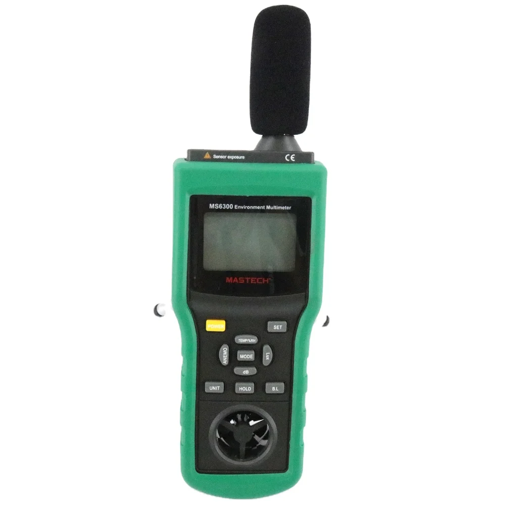 

MS6300 Digital Environment Meter 6 Functions Temperature/Humidity/ Illumination/ Wind Speed/ Air flow/ Sound Level Measurements