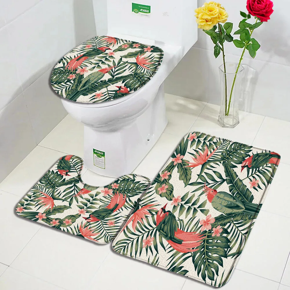 Tropical Leaves Bath Mat Set Green Palm Leaf Monstera Black Carpet Home Bathroom Decor Non Slip Rugs U-shaped Toilet Lid Cover