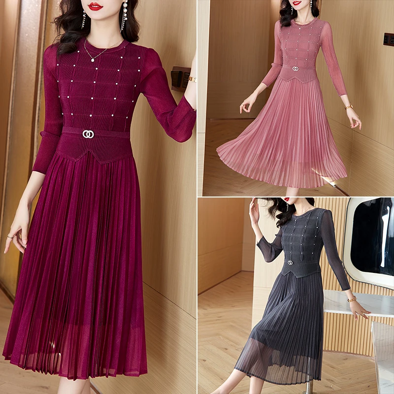 2024 New Miyake Pleated Long sleeved Dress British Style Diamond studded Elastic O-Neck Waist Waist Mid length Knee Length Dress