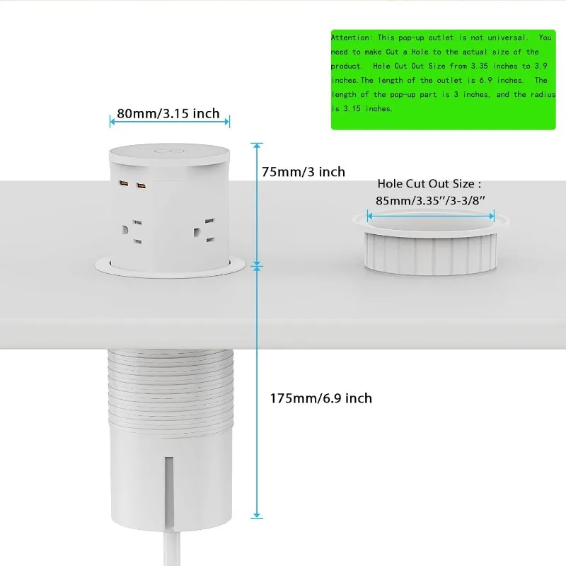 منفذ منبثق للكونترتوب مع شاحن لاسلكي 15 وات، 4 منافذ، 2 منافذ PD20W USB-C، حلقة طاقة بفتحة مكتب 3.35 بوصة (85 مم)، Pop U #3