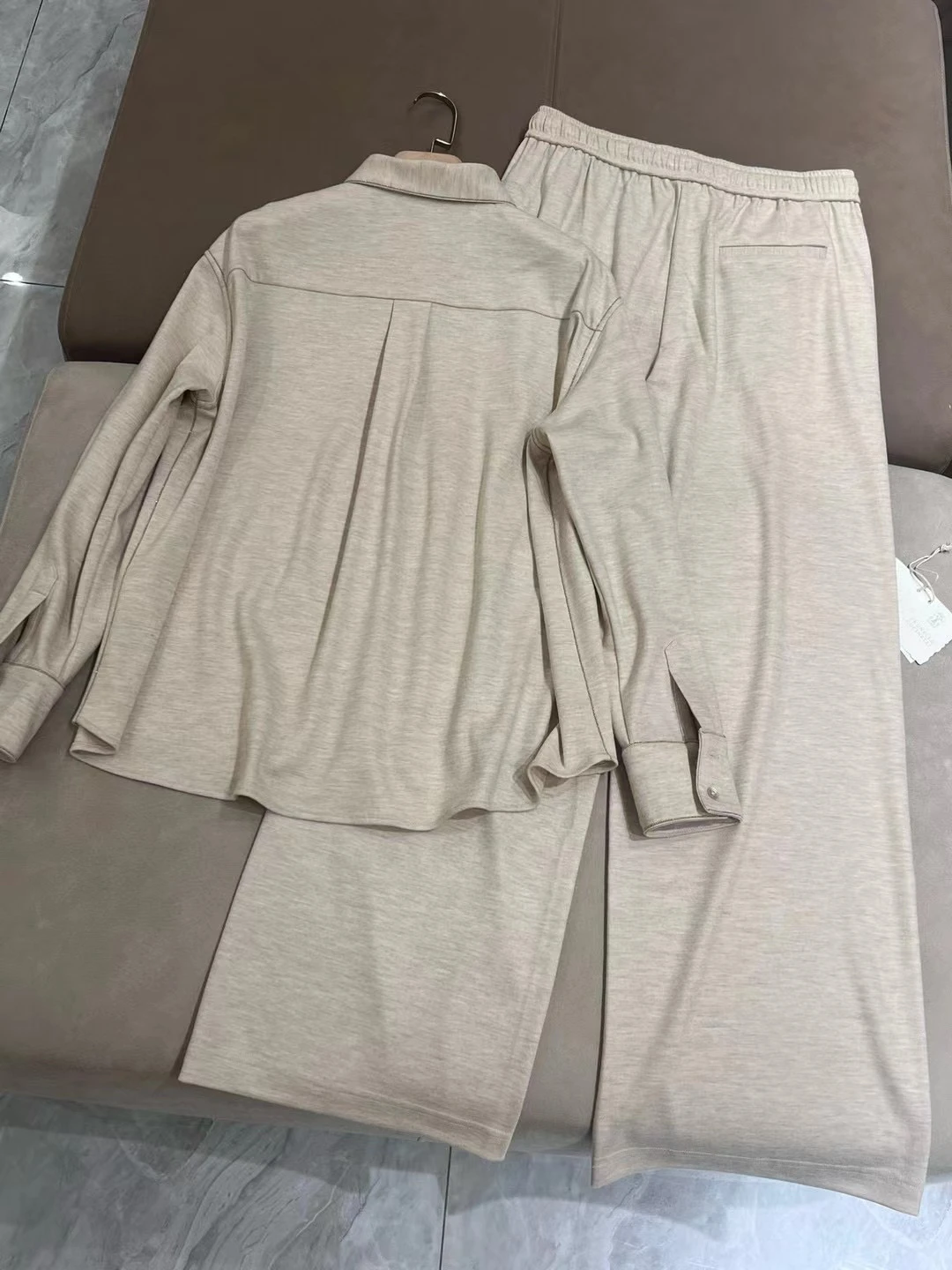 Autumn B*C Women\'s Wool Loose Casual Shirt Suit + Straight Wide-leg Trousers Two-piece Set Drawstring pants