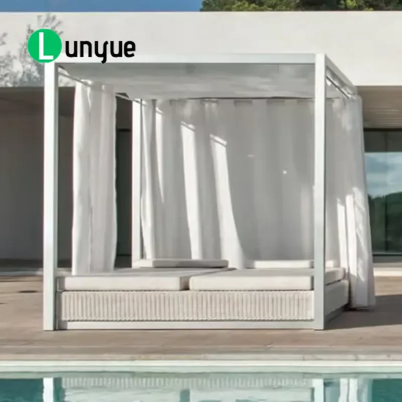 Modern Luxury Outdoor Double Day Bed with Shade for Beach Poolside Patio Leisure Furniture Waterproof Sunshade Lounger