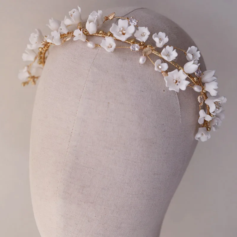 Ins Style Bridal Crown Ceramic Floral Wedding Hair Tiara Freshwater Pearls Jewelry Handmade Gold Color Women Hairband