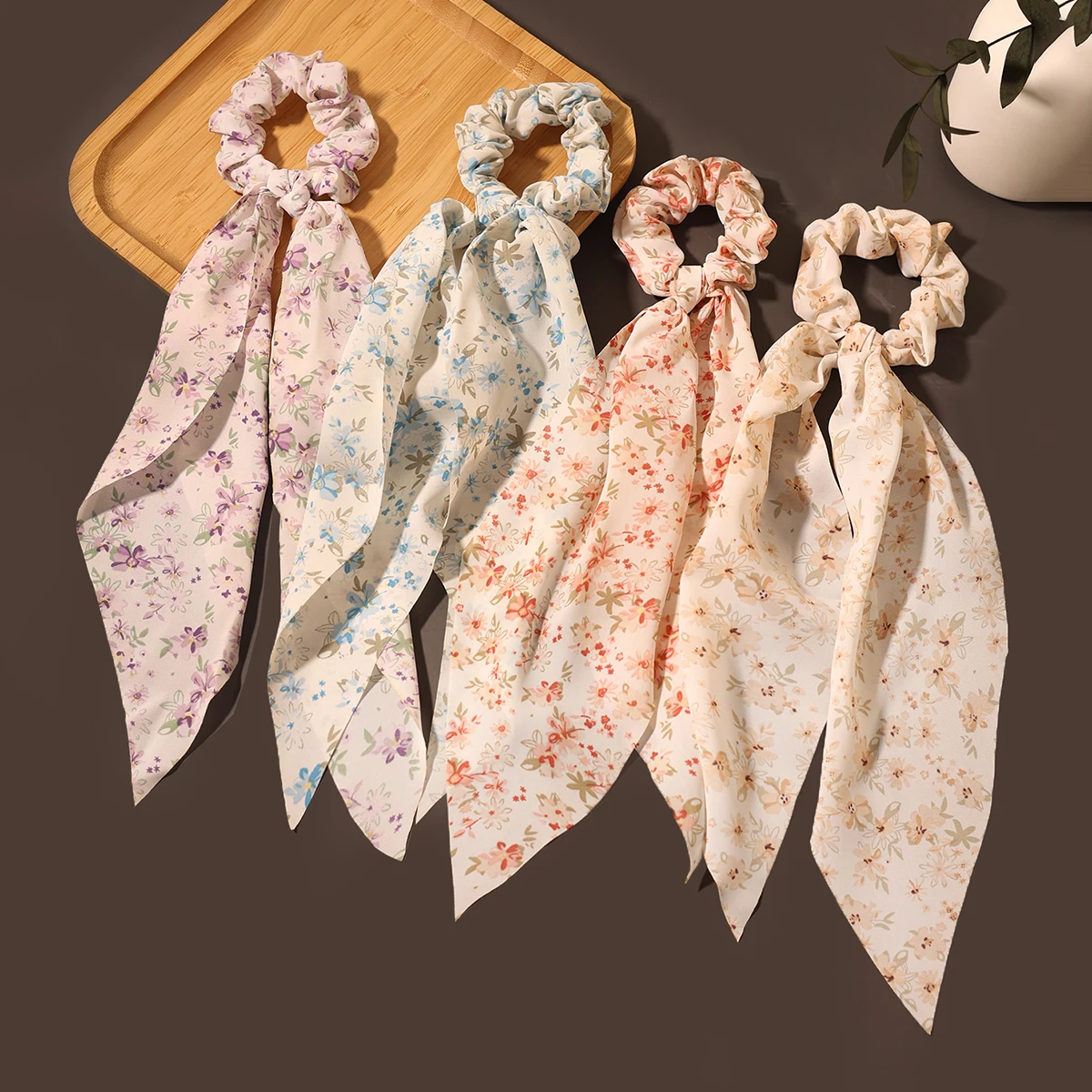 Fashion Women Floral Print Long Streamers Hair Scrunchies Ponytail Holder Ribbons Knotted for Girls Hair Ties Hair Accessories