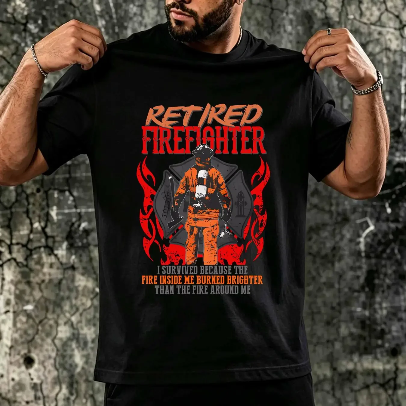 washed T Shirt Retired Firefighter The Fire Inside Me I Survived vintage Washed Soft Breathable Casual Stretched