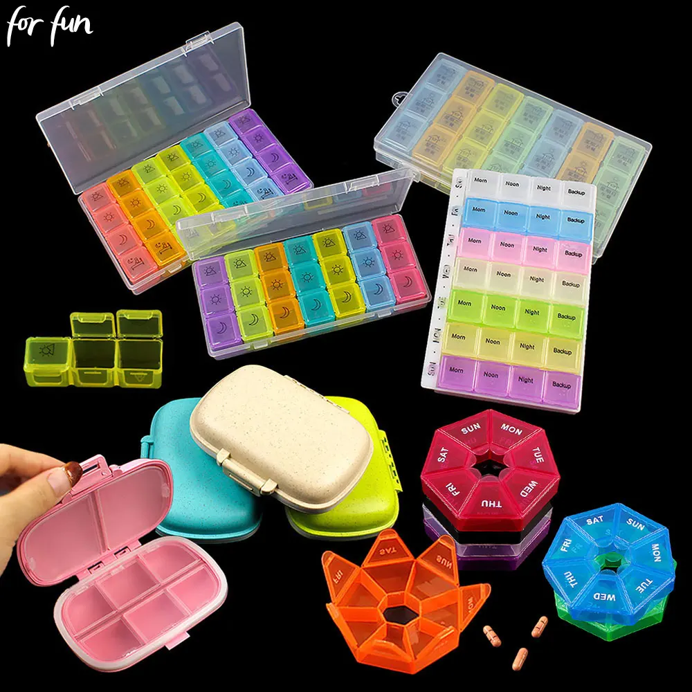 For Fun 28/21/8/7 Grids Weekly 7 Days Tablet Pill Box Color Plastic Pill Storage Box Portable Travel Sealed Sub Packaging Box