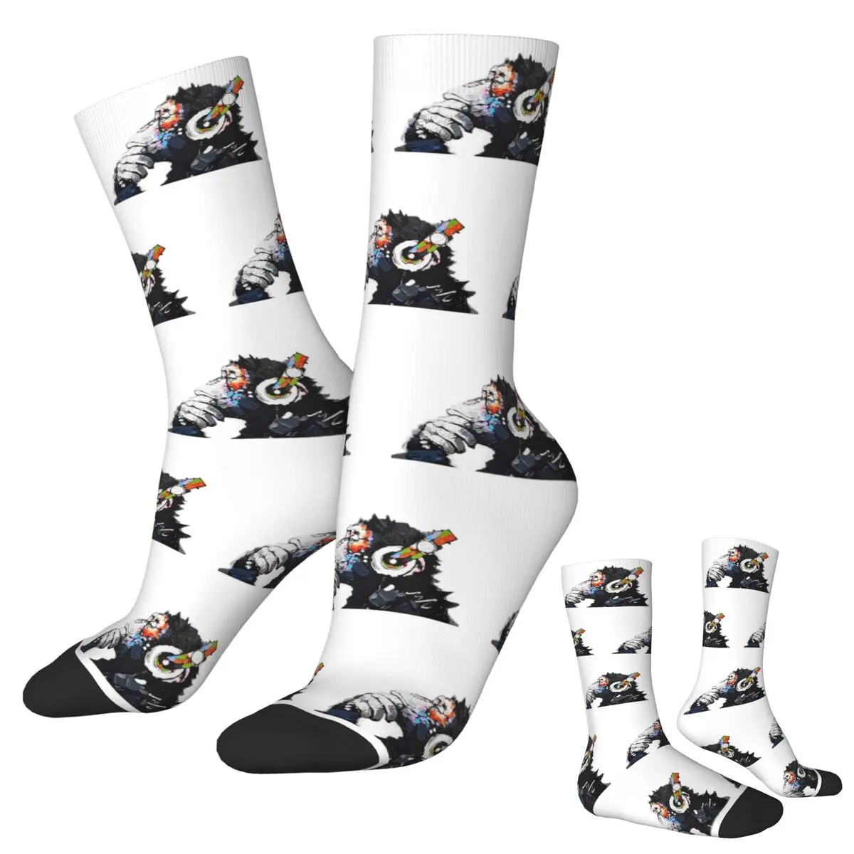 

Banksy DJ Monkey Thinker с наушниками, белые носки, впитывающие пот чулки в стиле Харадзюку, всесезонные длинные носки, подарок на день рождения