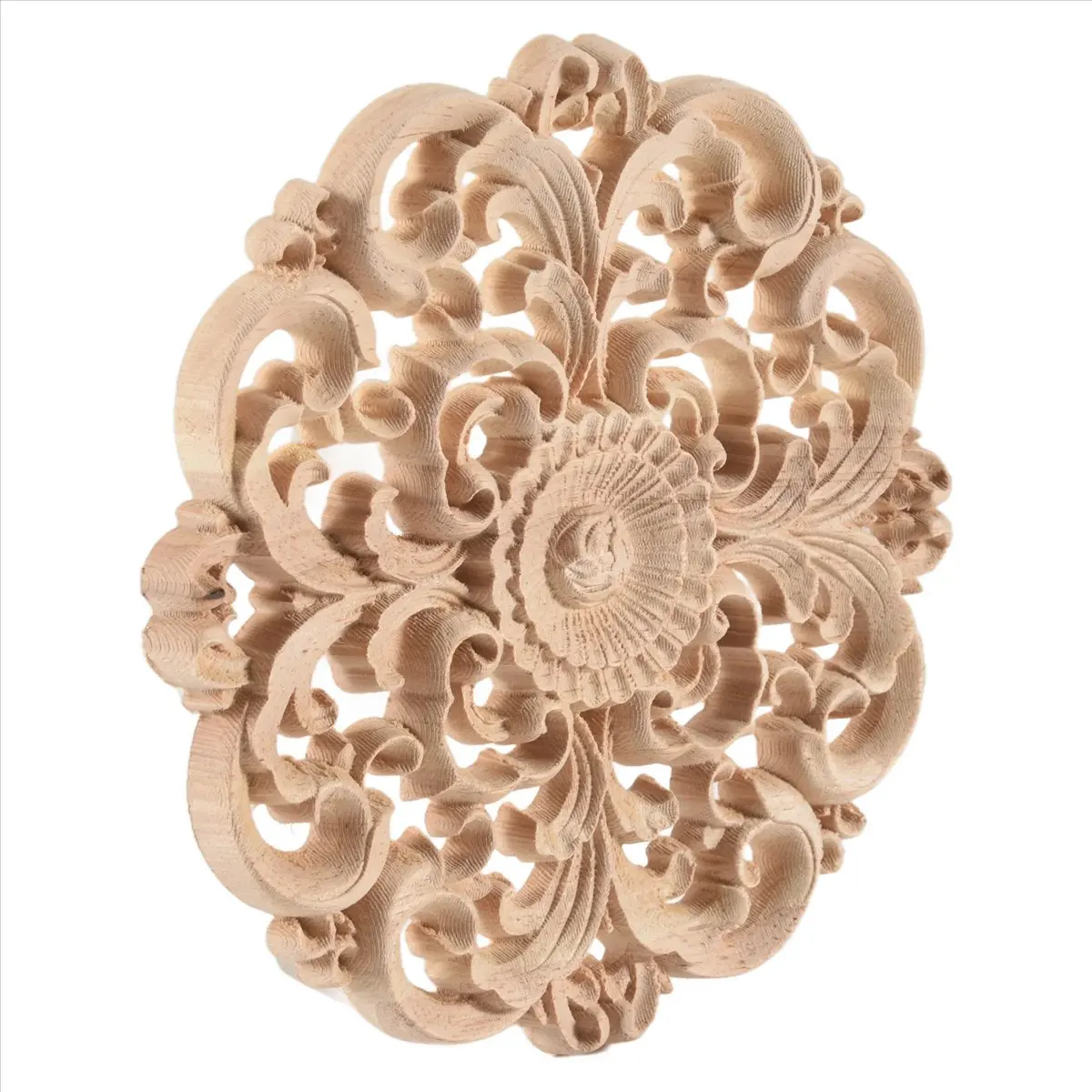 AT16 Rubber wood Carved Long Applique Unpainted Flower Walls Cabinets Door Decor Wood color