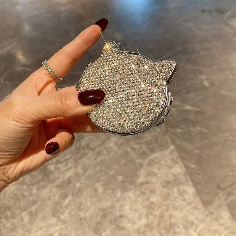 1 PCS Cute Cat Foldable Pocket Mirror With Rhinestones Double Side Mini Diamond Painting Mirror For Home Travel Outdoor Use