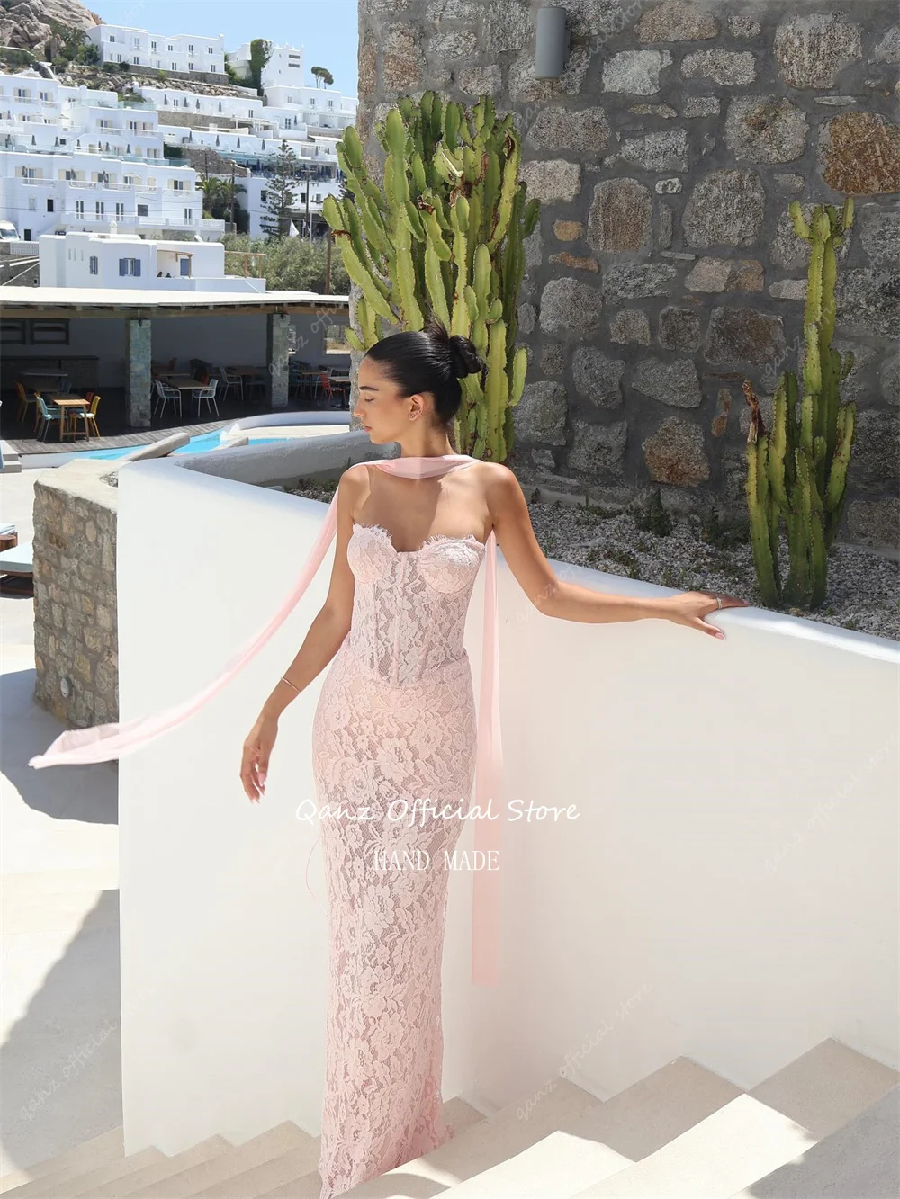 Qanz Graceful Full Lace Appliques Prom Dresses Transparent Pink Formal Evening Dress Sweetheart Mermaid Party Gown Customized