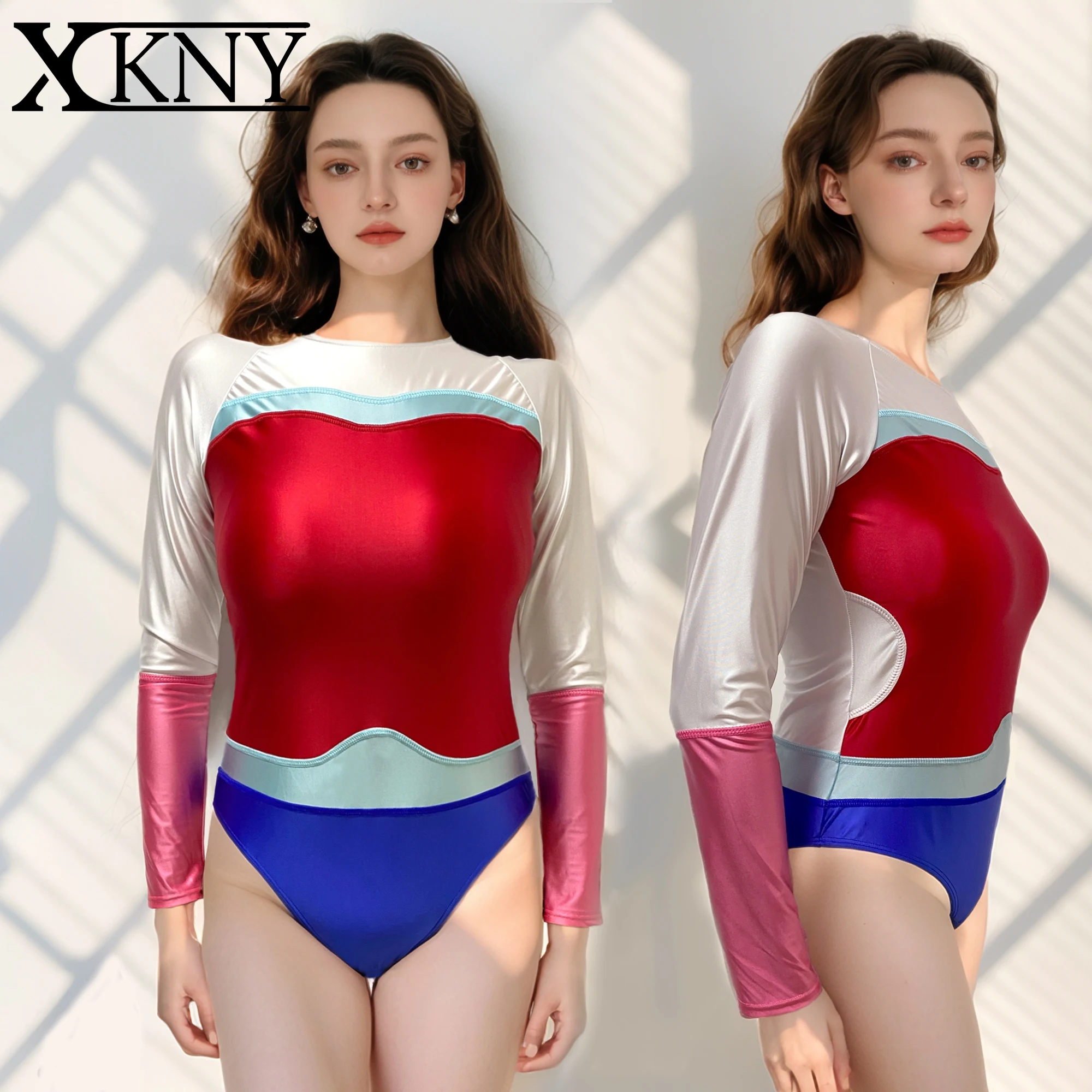 XClocKNYoung satin glossy One piece swimsuit XCKNY Color block long sleeve smooth Surfing competitive swimsuit