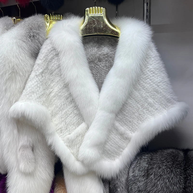 2025 New Real Mink Fur Coat Women Autumn Winter Shawl Knitted Genuine Fur Jacket Cape Scarf Natural Fox Fur Collar Luxury Cloak