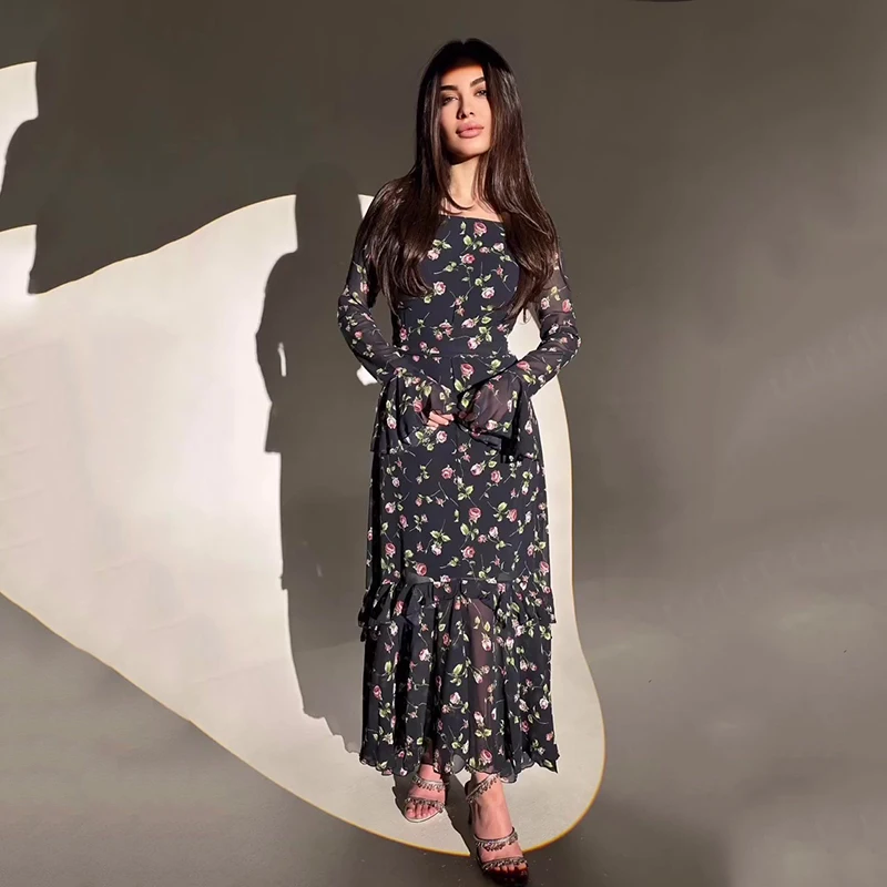 Women\'s High Waist Slim Maxi Dress Elegant Fresh Sweet Printed Chiffon Dress Asymmetrical Layered Lotus Sleeve Tie Dresses