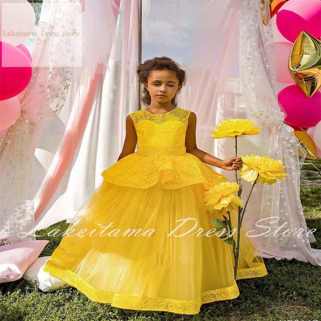 Yellow Tulle Puffy Flower Girl Dress for Wedding Sleeveless Applique Ruffles Kids First Communion Pageant Birthday Ball Gown