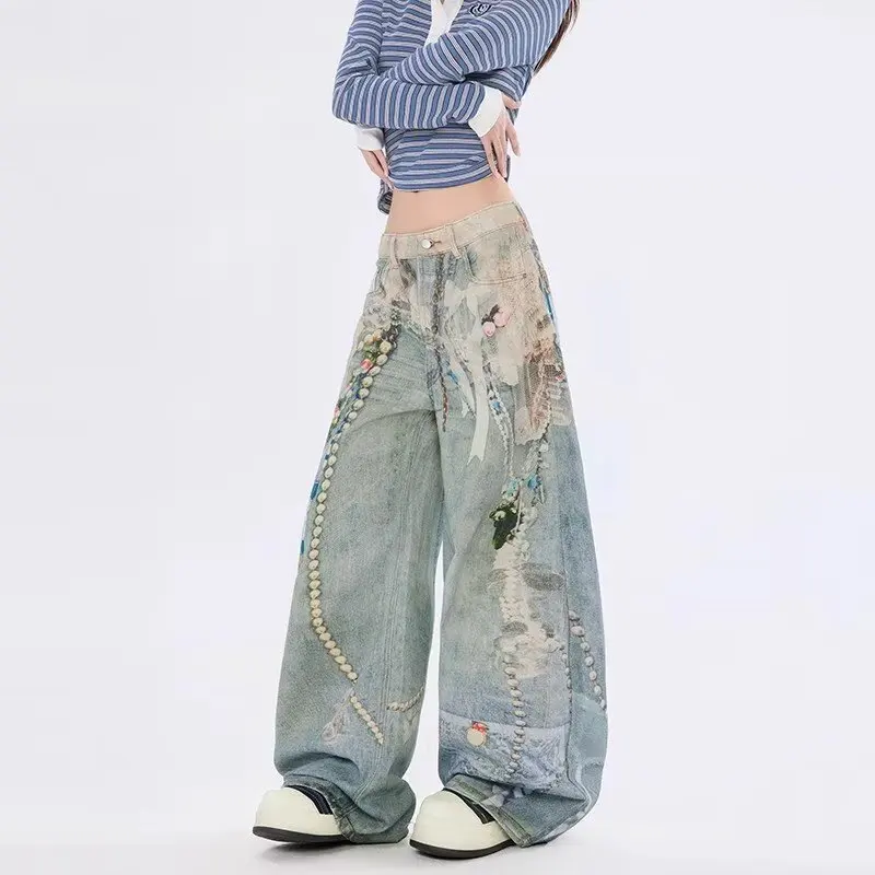 Spodnie jeansowe damskie w stylu Cyber Y2K z 2025 roku, drukowane w 3D, vintage, niebieskie, szerokie, proste, dżinsowe spodnie damskie, pantalon femme