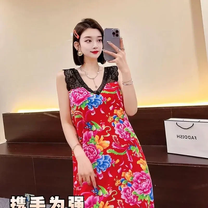 201002Women's Pajamas China Northeast China Large Flower Cotton Sleeveless Lace Nightdress Homewear Mid Length