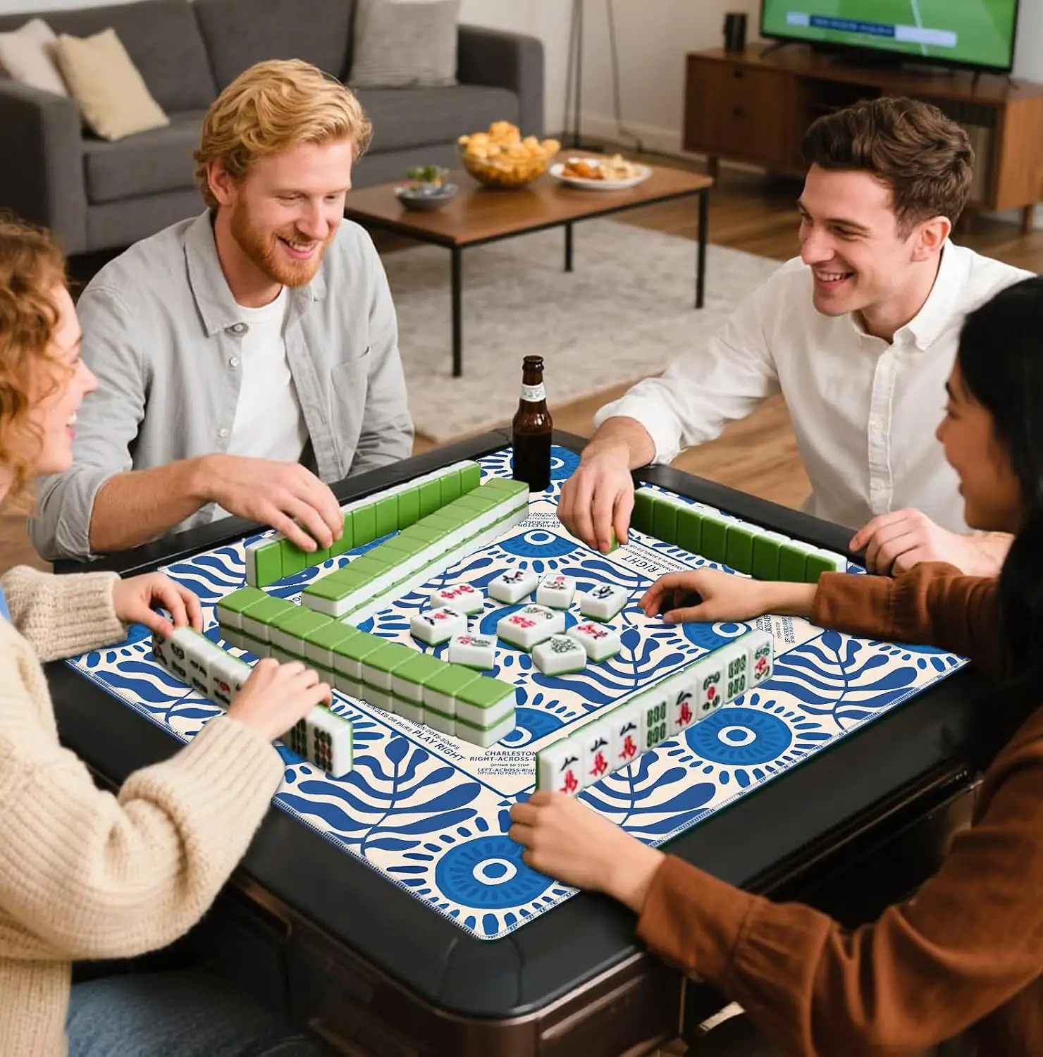 80cm Mediterranean Blue Boho Mahjong Mat Unique Pattern Anti-Slip Noise Reduction Table Cover Ideal Gift for Mahjong Game Lovers