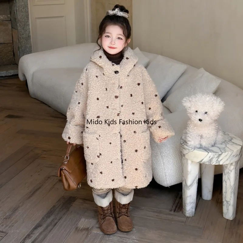Children's Autumn/Winter Hooded Shearling Coat Baby Warm Loose-Fit Cotton Jacket Girls' Long Fur Coat Korean Style