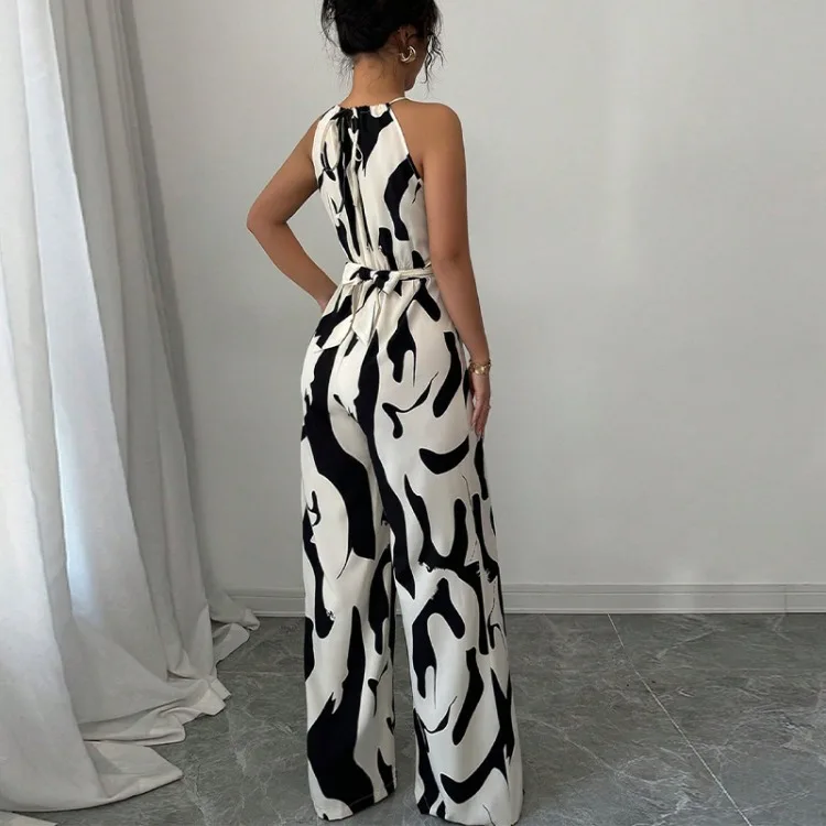Zebra Pattern Suspender Jumpsuits-casual Holidays and Daily Commuting, Halter Neck Round Neck Sleeveless Wide-leg Jumpsuits