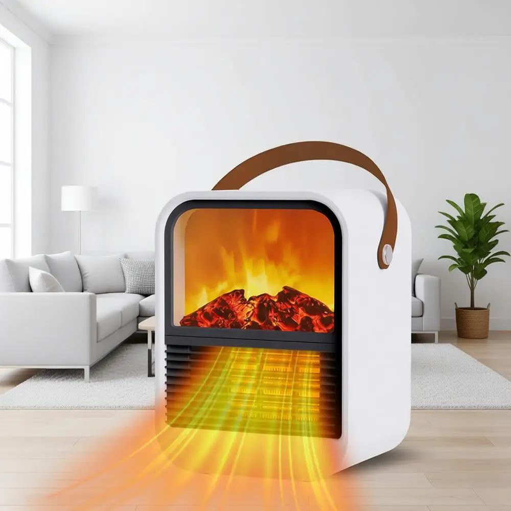 

Портативный мини-электрический обогреватель, 3D-эффект пламени, PTC-керамика, тихий, компактный, для комнаты, стола, спальни, ванной, офиса (белый)